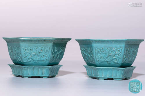 A Pair of Chinese Turquoise Planters with Plates