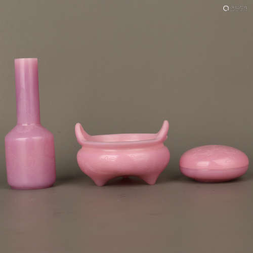 A Set of Chinese Pink Peking Glass Incense Burner, Vase, and Box with Cover