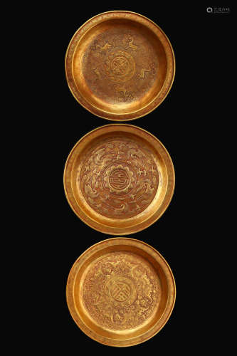 A Set of Three Chinese Gilt Bronze Plates