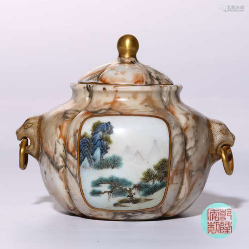 A Chinese Stone-Pattern Glazed Famille-Rose Porcelain Jar with Cover