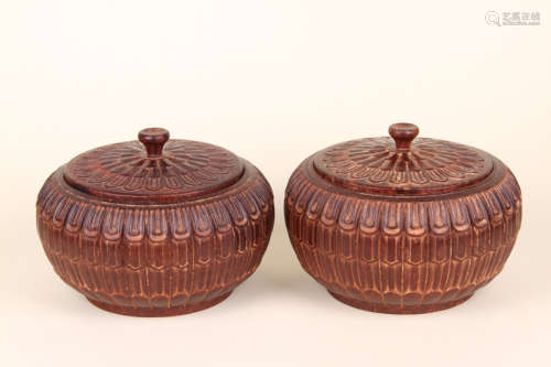 A Pair of Chinese Carved Zitan Jars with Covers