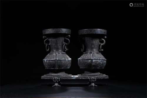 A Pair of Chinese Bronze Wine Pot with Stand