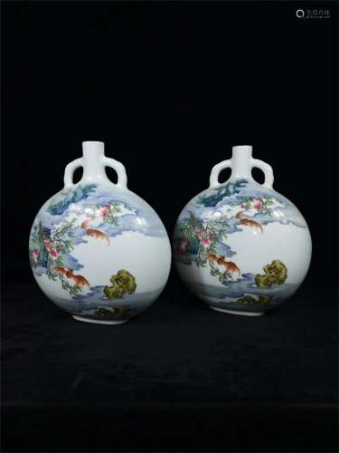 A Pair of Chinese Famille-Rose Porcelain Moon Flasks