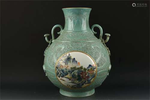 A Chinese Turquoise-Green Glazed Famille-Rose Porcelain Vase