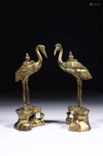 A Pair of Chinese Gilt Bronze Cranes