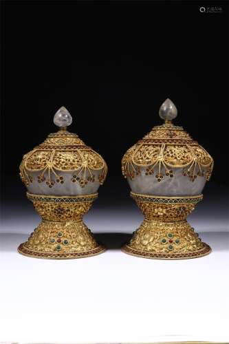 A Pair of Chinese Gilt Bronze Decorations with Carved Agate Inlaided