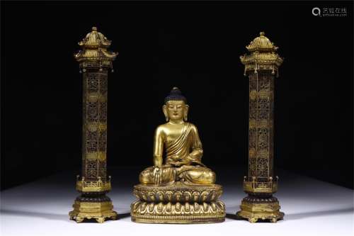 A Chinese Gilt Bronze Figure of Buddha with Two Decorations