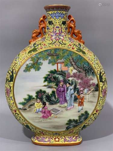 A Chinese Yellow Ground Famille-Rose Porcelain Vase