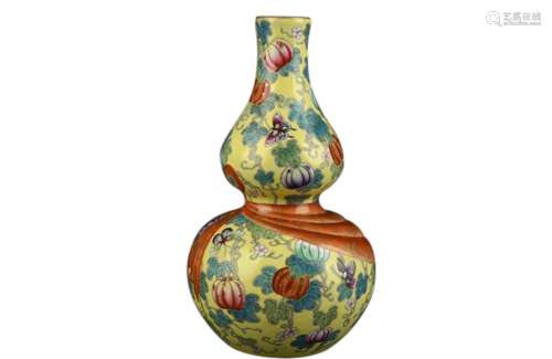 A Chinese Yellow Ground Enamel Glazed Porcelain Double Gourd Vase