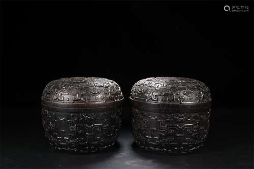 A Pair of Chinese Carved Zitan Cans with Cover