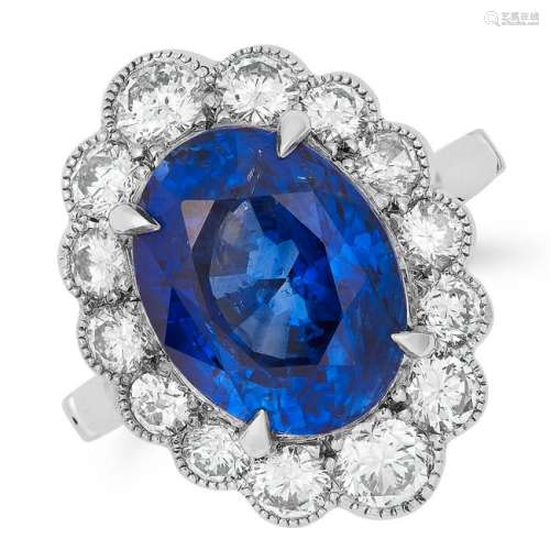 5.96 CARAT SAPPHIRE AND DIAMOND CLUSTER RING set with