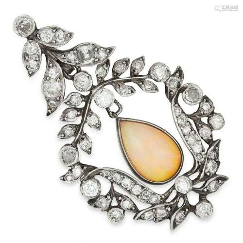 ANTIQUE OPAL AND DIAMOND PENDANT set with a pear cut