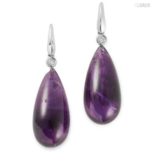AMETHYST AND DIAMOND DROP EARRINGS set with polished