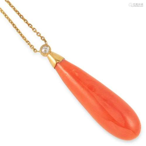 CORAL AND DIAMOND DROP PENDANT set with a round cut