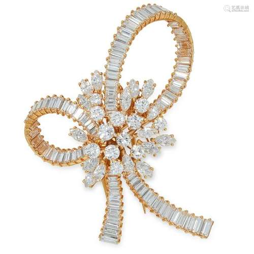 A DIAMOND BOW BROOCH set with round, marquise and