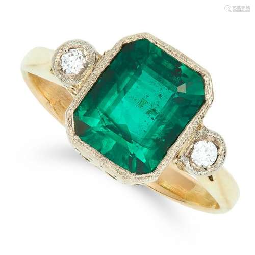 ANTIQUE SYNTHETIC EMERALD AND DIAMOND RING set with an