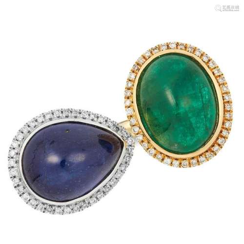 SAPPHIRE, EMERALD AND DIAMOND RING set with a cabochon