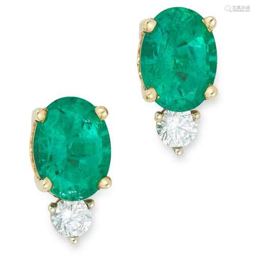 EMERALD AND DIAMOND STUD EARRINGS each set with a round