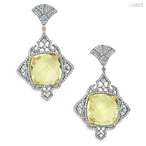 LEMON QUARTS AND DIAMOND EARRINGS each set with a