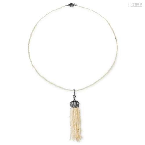 ANTIQUE NATURAL PEARL, DIAMOND AND SAPPHIRE TASSEL