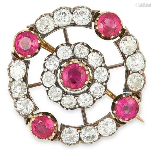 ANTIQUE RUBY AND DIAMOND BROOCH set with round cut