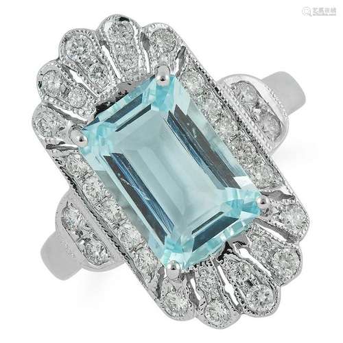 AQUAMARINE AND DIAMOND DRESS RING, in Art Deco style