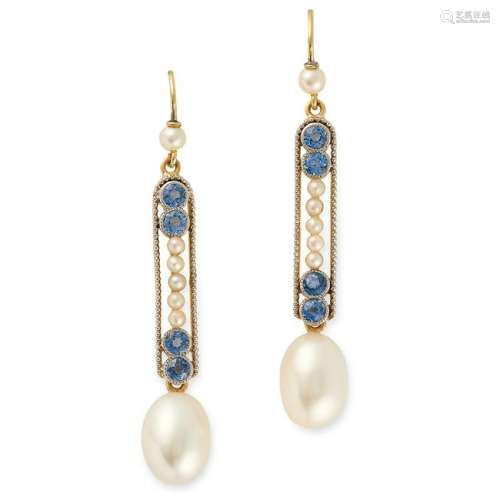 PEARL AND SAPPHIRE DROP EARRINGS set with round cut