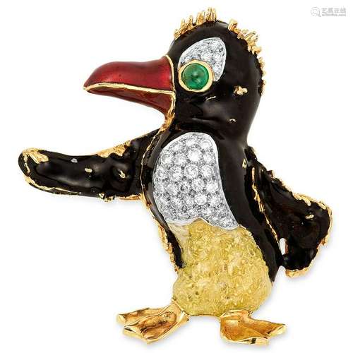 AN EMERALD, DIAMOND AND ENAMEL NOVELTY PENGUIN BROOCH,