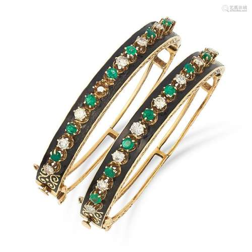 TWO EMERALD, DIAMOND AND ENAMEL BANGLES set with
