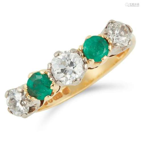 DIAMOND AND EMERALD FIVE STONE RING set with round cut