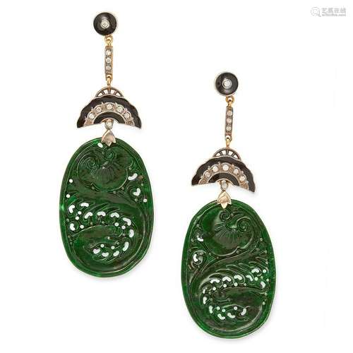 JADE, ONYX AND DIAMOND EARRINGS in Art Deco design set