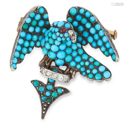 AN ANTIQUE TURQUOISE, GARNET AND DIAMOND EAGLE BROOCH,