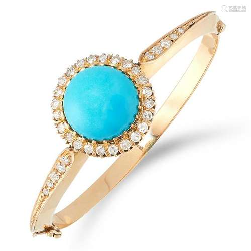 A TURQUOISE AND DIAMOND BANGLE set with cabochon