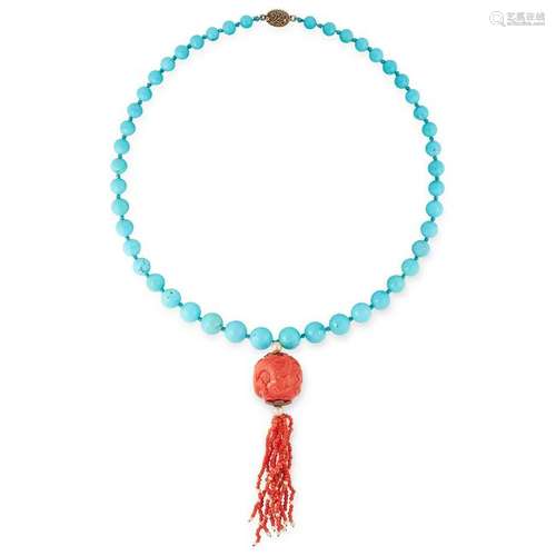 A CHINESE CARVED CORAL AND TURQUOISE NECKLACE