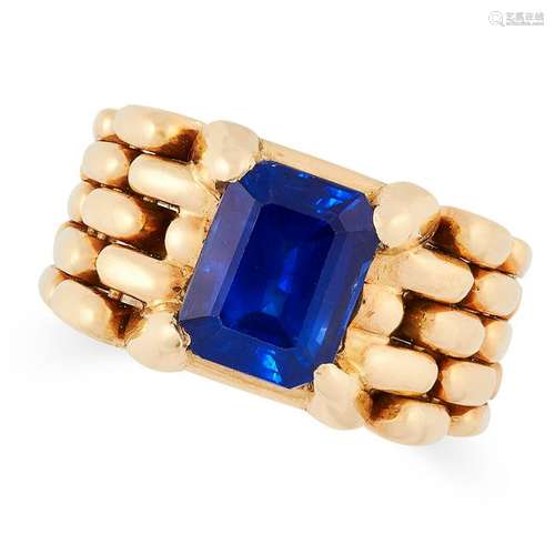 A VINTAGE SAPPHIRE RING comprising of an emerald cut