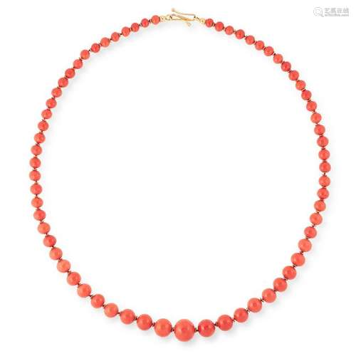 A CORAL AND DIAMOND NECKLACE comprising a single row of