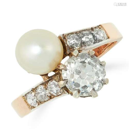 AN ANTIQUE PEARL AND DIAMOND TOI ET MOI RING set with