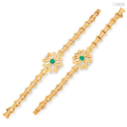 A PAIR OF ANTIQUE EMERALD AND DIAMOND BRACELET, 19TH