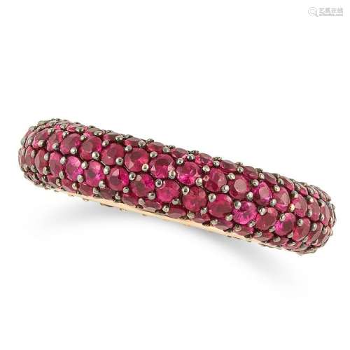 RUBY ETERNITY RING set with pave set round cut rubies,