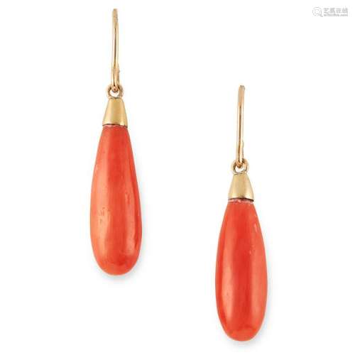 CORAL DROP EARRINGS each formed of a polished coral