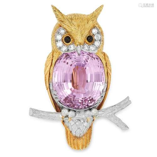 A KUNZITE, DIAMOND AND ONYX OWL BROOCH, 1975 designed