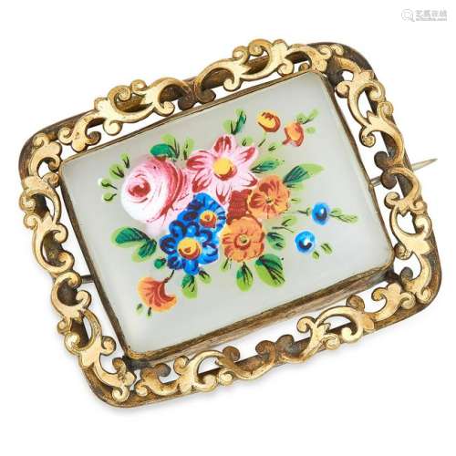 PAINTED MINIATURE HARDSTONE BROOCH depicting a floral
