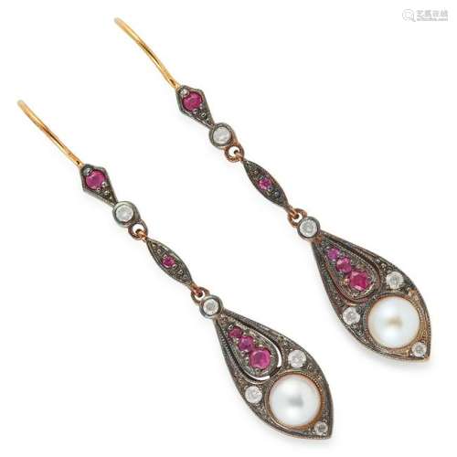 RUBY, DIAMOND AND PEARL EARRINGS, set with round cut