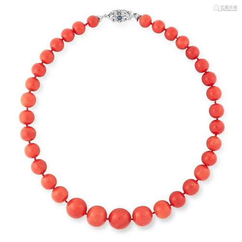 A CORAL BEAD AND SAPPHIRE NECKLACE comprising a single