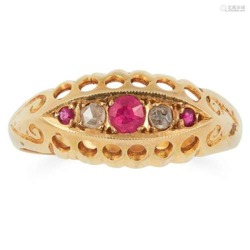 ANTIQUE RUBY AND DIAMOND RING set with round cut rubies