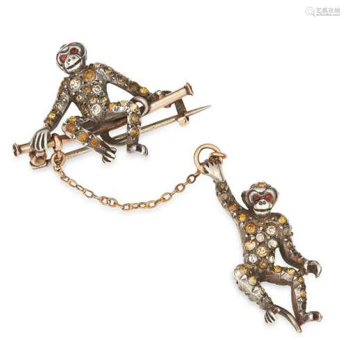 GEMSET MONKEY BROOCH comprising of two monkeys set with