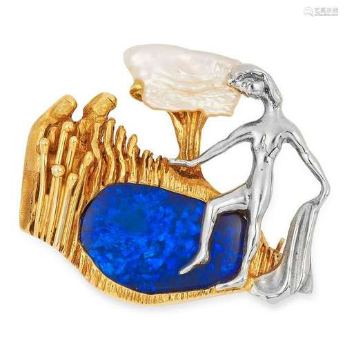 A VINTAGE BLACK OPAL AND PEARL BROOCH in the surrealist