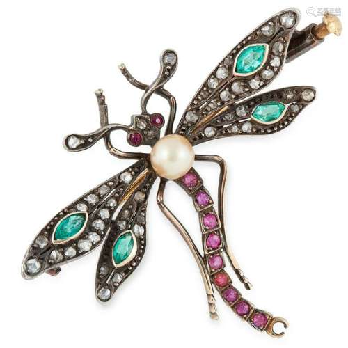 ANTIQUE GEMSET DRAGONFLY BROOCH set with marquise cut