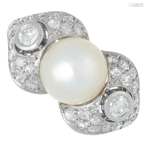 A NATURAL PEARL AND DIAMOND RING set with a pearl of