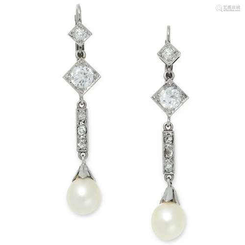 A PAIR OF ANTIQUE NATURAL PEARL AND DIAMOND EARRINGS